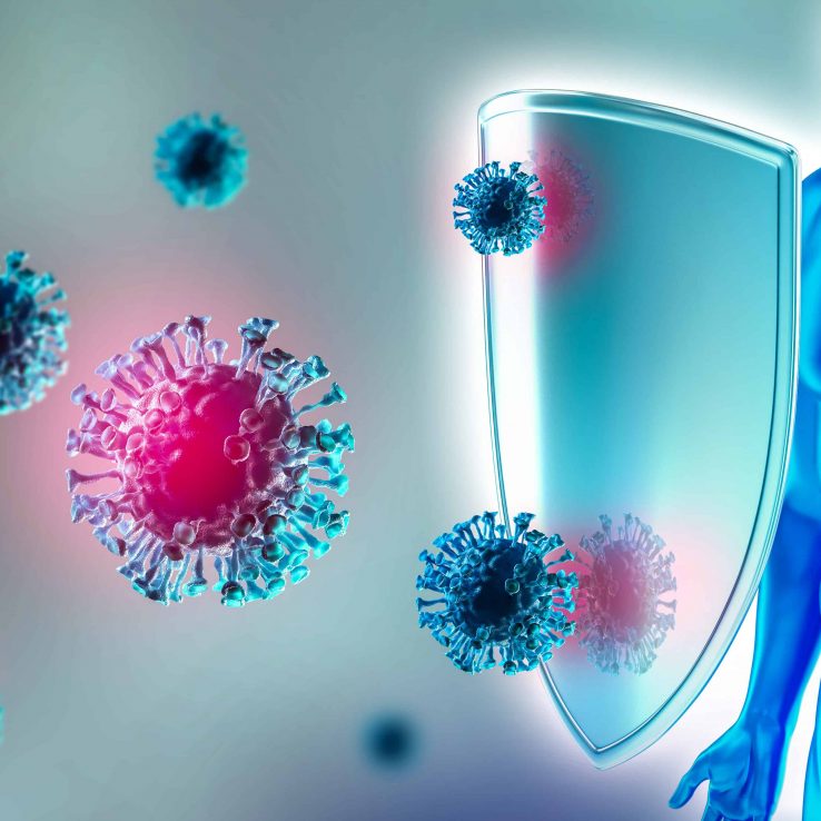 Human immune system, protection against viruses and bacterias. Humans shield against the coronavirus. Immune defense fights with viruses. Covid-19